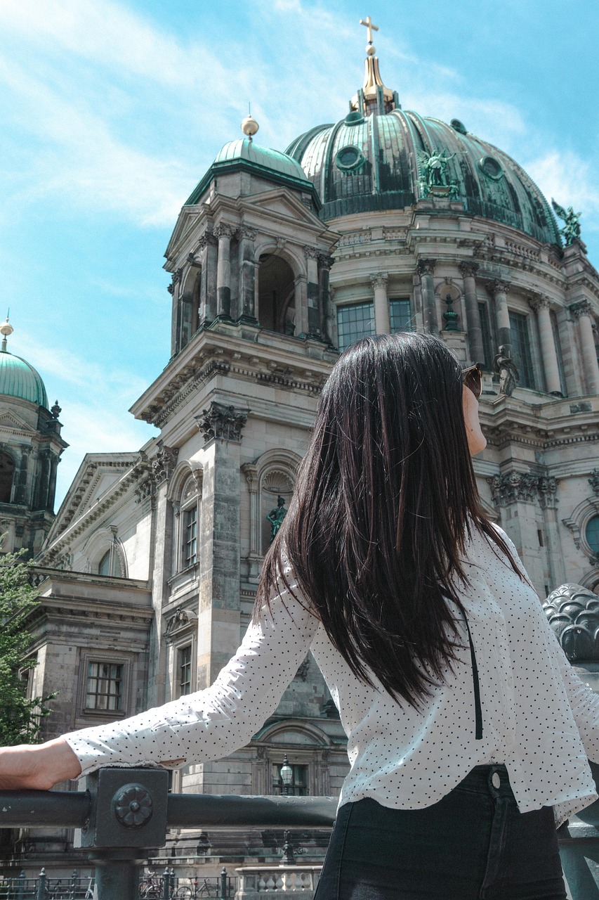 woman, model, church, cathedral, dome, berlin, germany, gold, summer, fashion, fashionable, spree, river, travel, architecture, construction, capital, nature, europe